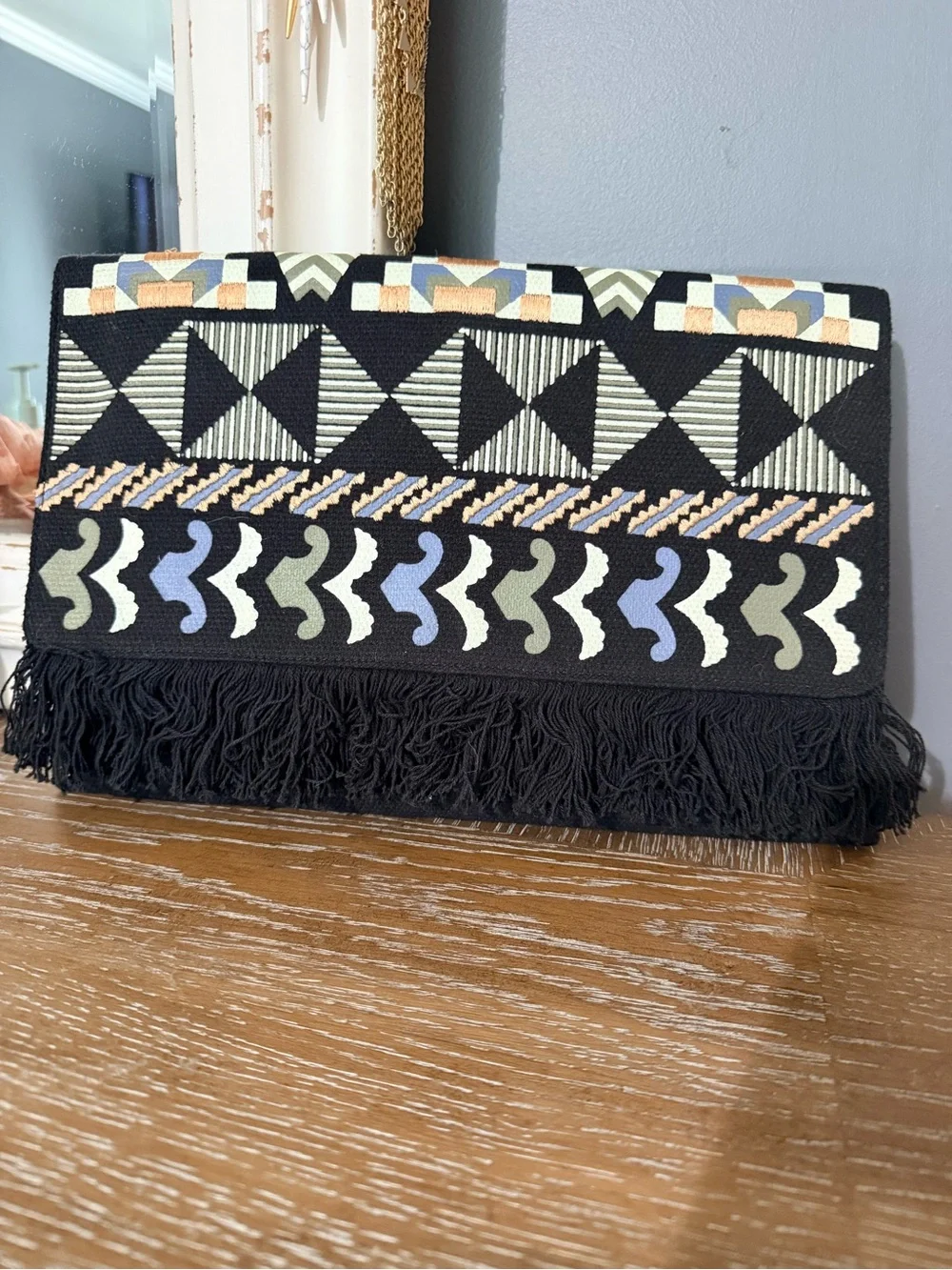 Embroidered Black Fringe Accent Clutch Purse with Geometric Pattern